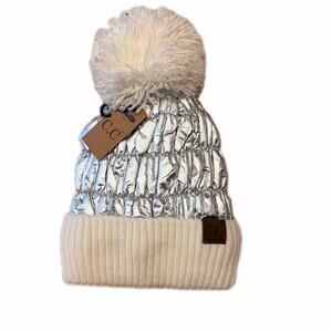 CC hat puffer pom beanie metallic hat with fleece lining